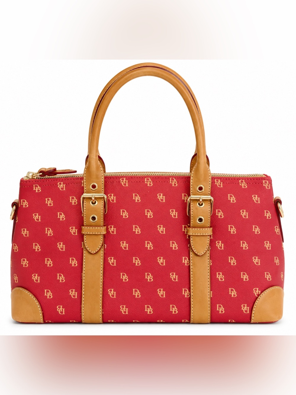 Dooney & Bourke Red Satchel with Tan Leather Trim and Gold Hardware
